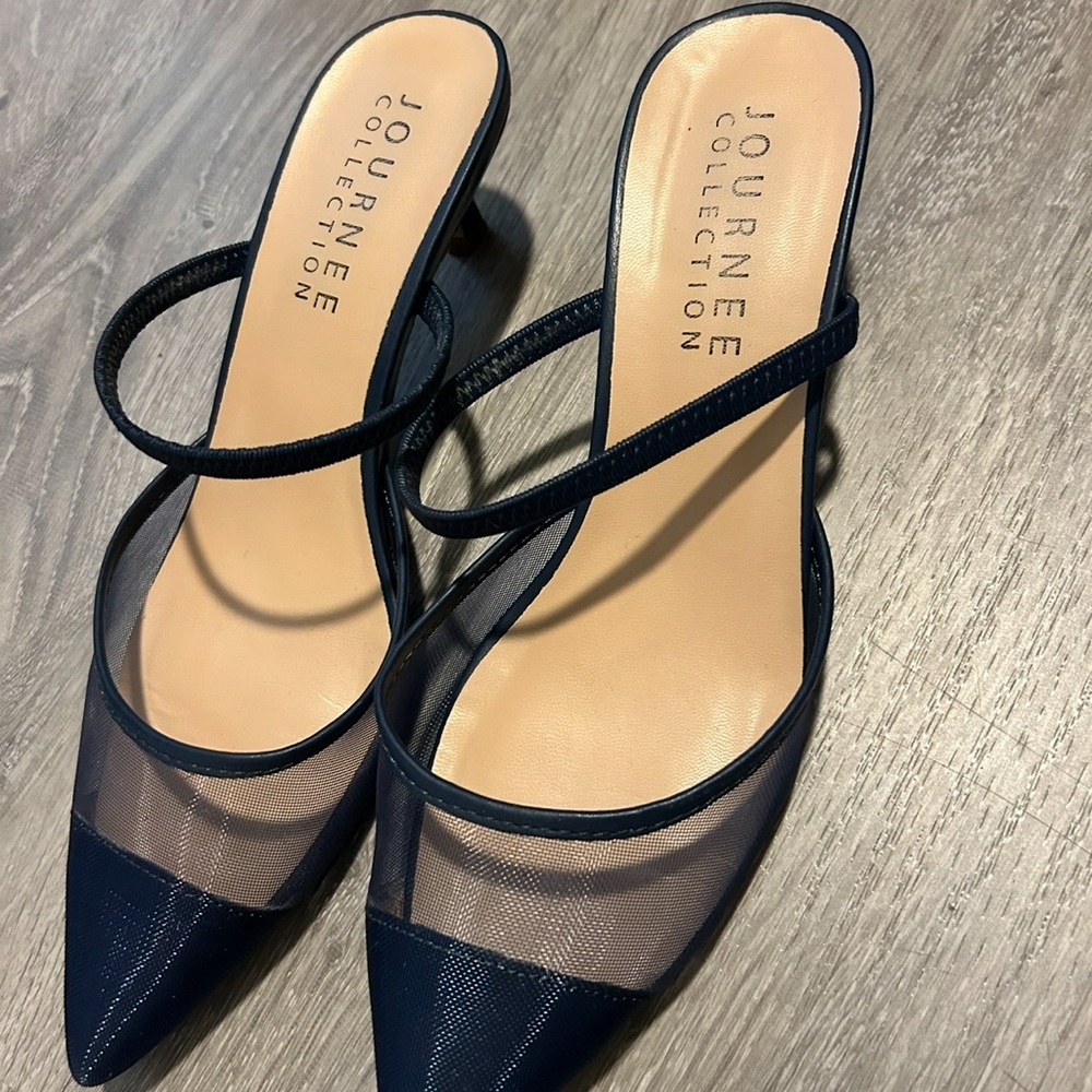 Journee Collection Black Pointed-Toe Mesh Kitten Heel Mules